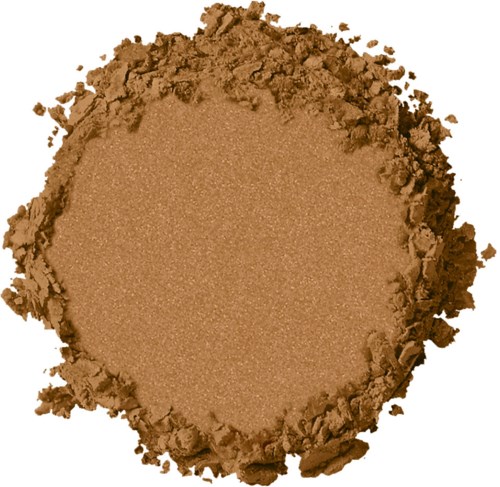 En rund, brun pressad puder med ojämna kanter, sannolikt makeup eller ögonskugga.