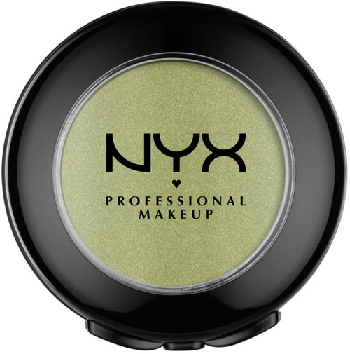 En rund behållare med limegröna makeup inuti och svart text på som står NYX och Professional Makeup.