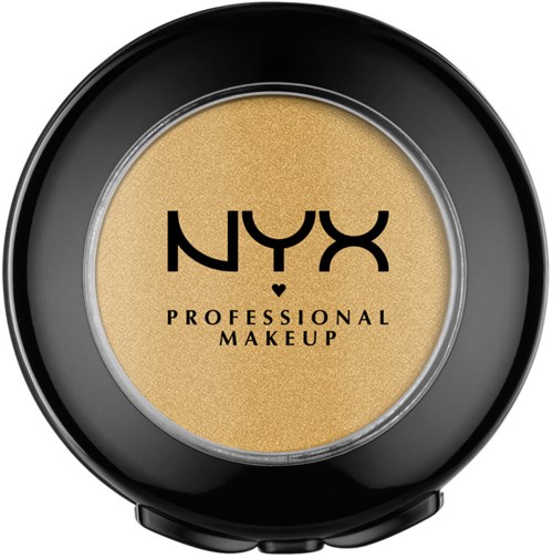 Ett runt behållare med NYX professionell makeup med beige puder och svart lock.