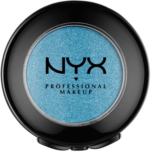 En rund, svart behållare med blå glitterögonskugga och "NYX PROFESSIONAL MAKEUP" skrivet på den.