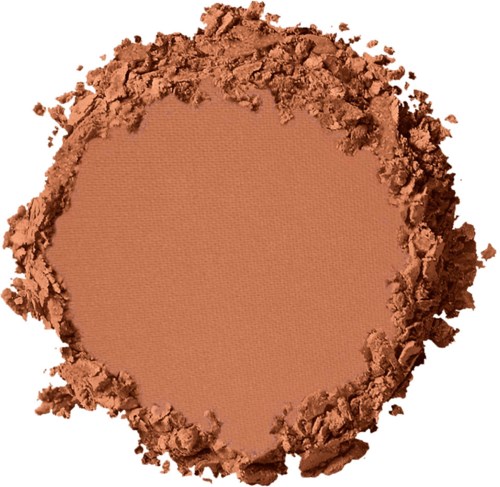 A round, brown makeup powder with crushed edges and a smooth center.
