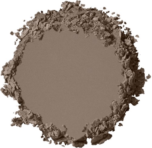 En rund, öppen makeuppuderbehållare med brunt puder runt om.