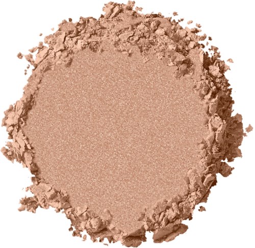 En beige pulver som spritts ut med ojämna kanter, sannolikt smink eller ansiktspuder. Den har en mjuk, matt yta.
