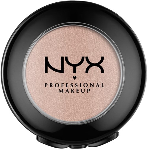 Ett runt svart förpackning med ljusrosa ögonskugga inuti och NYX Professional Makeup-loggan på toppen.