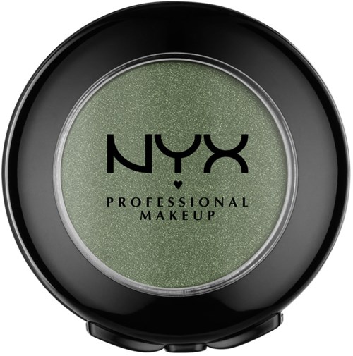 En rund makeupburk med svart lock, grönt glitterögonskugga inuti, NYX-logga och texten 'Professional Makeup'.