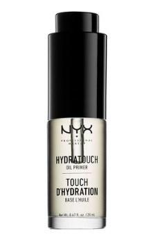 En liten vit flaska med svart lock, märkt Hydra Touch Oil Primer för hudhydrering.