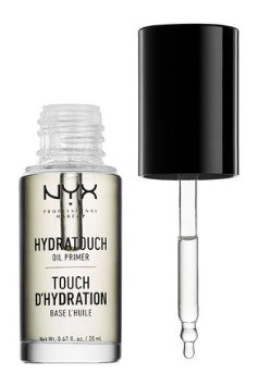 En liten klar flaska med pipettlock, märkt NYX Hydratouch Oil Primer, bredvid en svart hatt.