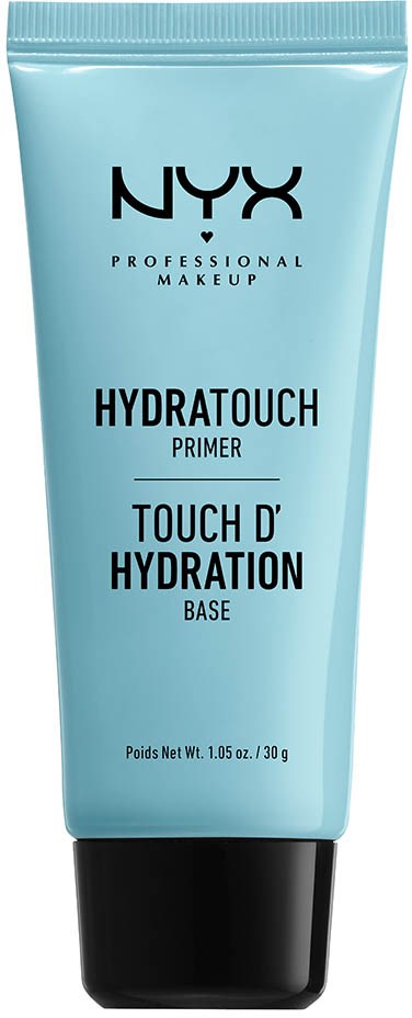 A blue tube of NYX Hydratauch Primer with black cap, featuring brand and product names in black text.
