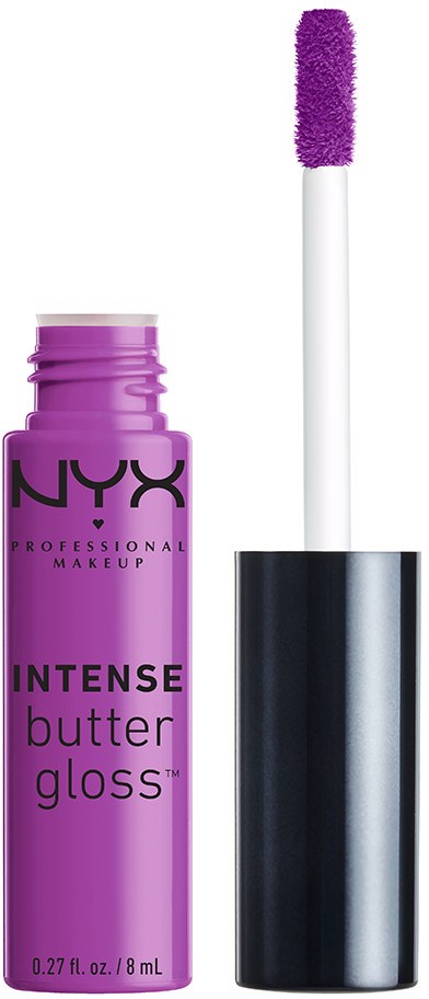 En lila läppglansbehållare från NYX med en tillhörande applikatorborste.