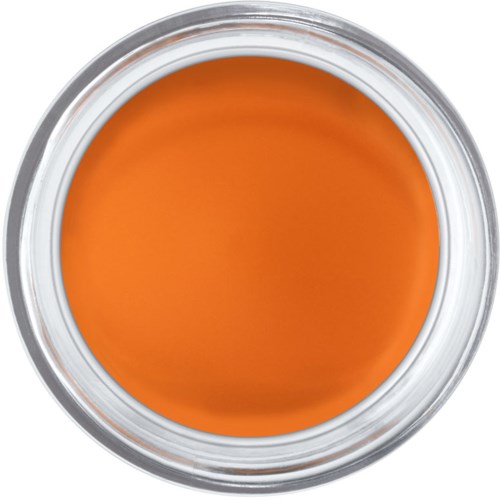En rund behållare fylld med orangefärgad vätska. Behållaren är transparent med ett silver eller tydligt lock.