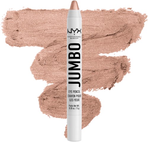 NYX jumbo øjenskyggeblyant i hvid, placeret på en beige baggrund med brune pletter.