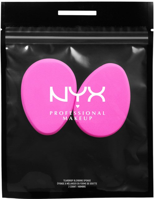 Pink teardrop-shaped blending sponge with NYX Professional Makeup logo on black packaging.