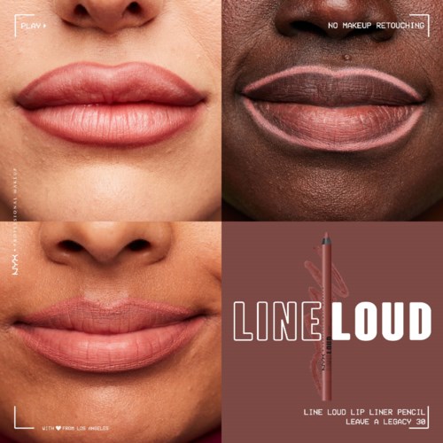 Comparison of lips on different skin tones, with product branding for a lip liner pencil.