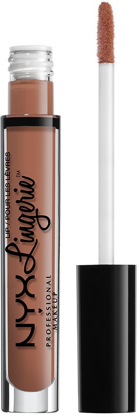 A liquid lipstick in a clear tube with a black cap and contour applicator.