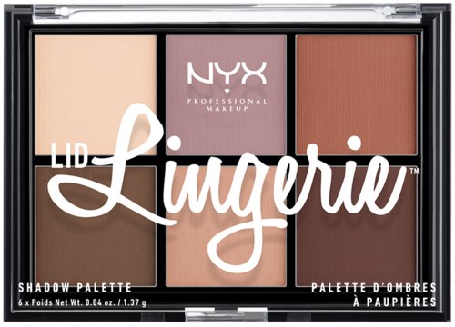 En NYX ögonskuggspalett med sex färger, inklusive ljusbeige, rosa, rött, brunt och mörka nyanser, märkta "Lingerie."