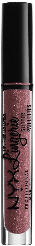 En rör med rosa glitterläppglans med svart lock, märkt "NYX Professional Makeup."