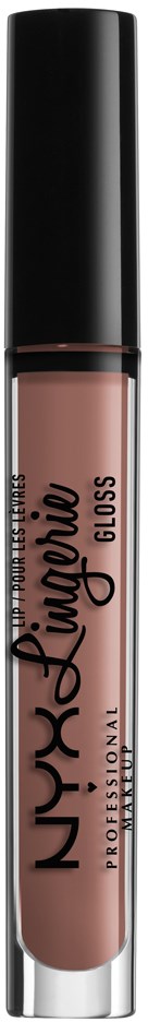 En läppglansrör med svart lock och nude rosa gloss inuti. Varumärkesnamnet står på röret.