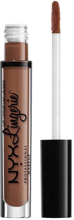 A liquid lipstick with a black cap, clear body showing brown color, and a separate applicator wand.