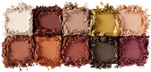 En färgglad palett av pressade ögonskuggor i olika nyanser, inklusive vitt, rött, beige, gult, rosa, orange, svart och lila.