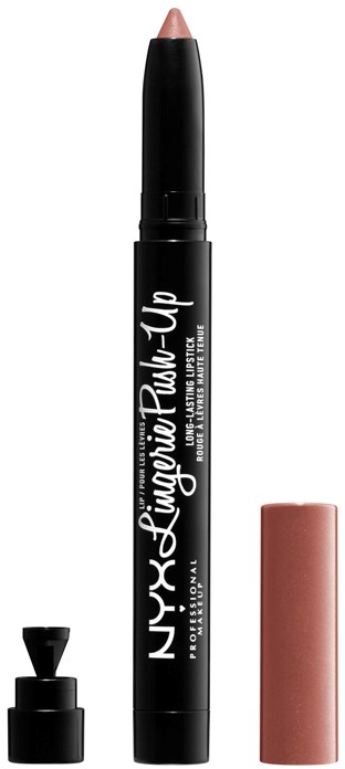 Ein beiges Lippenstift mit schwarzem Etikett und Kappe, neben einem rosa-braunen Lippenstiftrohr.