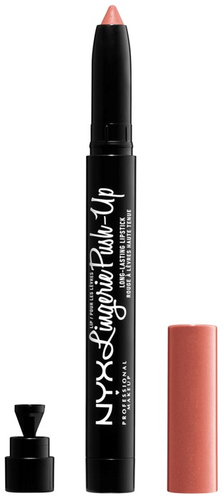 Ein schwarzer Make-up-Stift mit beigem Deckel, von NUXE, Pink Plus Up, für Lippen.