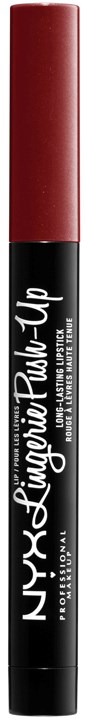 Ein schwarzer und roter Lippenstift-Marker mit weißem Text, steht vor schwarzem Hintergrund.