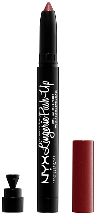 Ein roter Lippenstift mit schwarzem Gehäuse und abnehmbarem Deckel. Lippenstift ist teilweise ausgefahren.