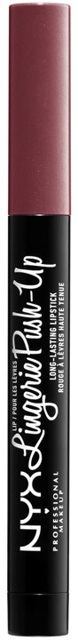 Ein schwarzes und rosa Kosmetikprodukt mit weißen Text, beschriftet 'NYX' und 'Slip Tease' auf schwarzem Hintergrund.