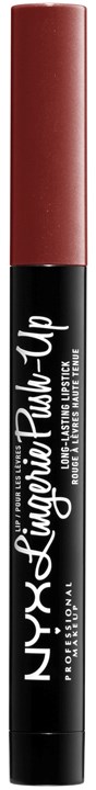 Ein Lippenstift mit schwarzem Körper und rotem Deckel, beschriftet als NYX Men's Plump Up, vor schwarzem Hintergrund.