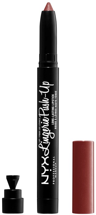 Ein Lippenstift mit schwarzer und rosa Verpackung, mit Deckel und abnehmbarer Spitze.