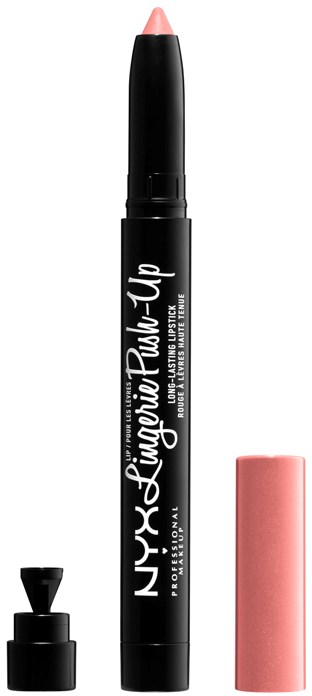 Ein schwarzer Lipliner mit rosa Spitze, ein Deckel und ein rosa Schwämmchen.