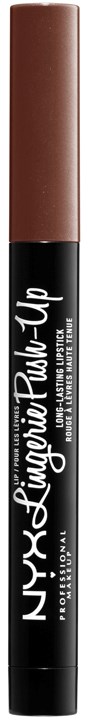 Ein Make-up-Stift mit brauner Spitze und schwarzem Körper, gekennzeichnet NYX. Es ist wahrscheinlich ein Lippen- oder Augenbrauenprodukt.