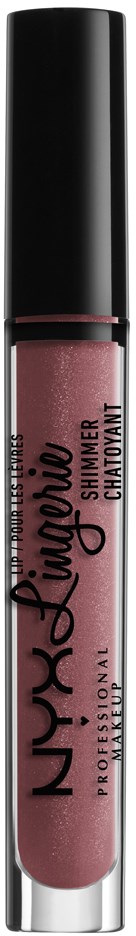 En tub med NYX läppglans som heter 'Shimmer Caution' med svart lock och rosa gloss inuti.