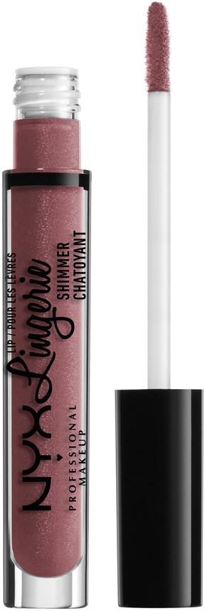 Ett läppglansrör med rosa nyans, öppnat lock och applicator. NYX Professional-logotyp synlig på röret.