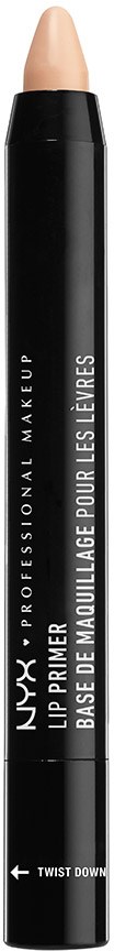 En svart läppfärgsfena med en beige spets, märkt 'NYX Lip Primer' för läppar, med instruktioner att vrida nedåt.