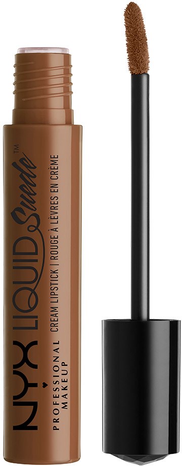 A brown liquid lipstick tube with a black cap and an applicator brush shown beside it.
