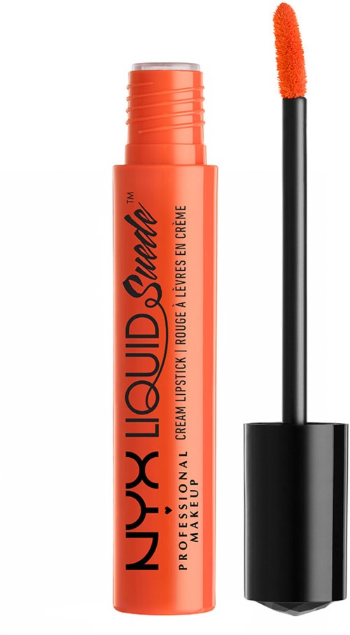Ein Lippenstift mit orangefarbener Tube, Applikator mit weichem Pinsel, schwarze Schrift auf der Tube.