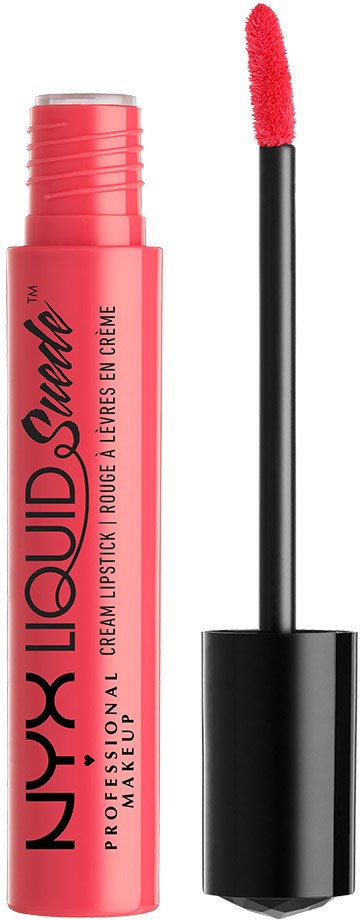 A pink liquid lipstick tube with a black applicator wand showing on top.