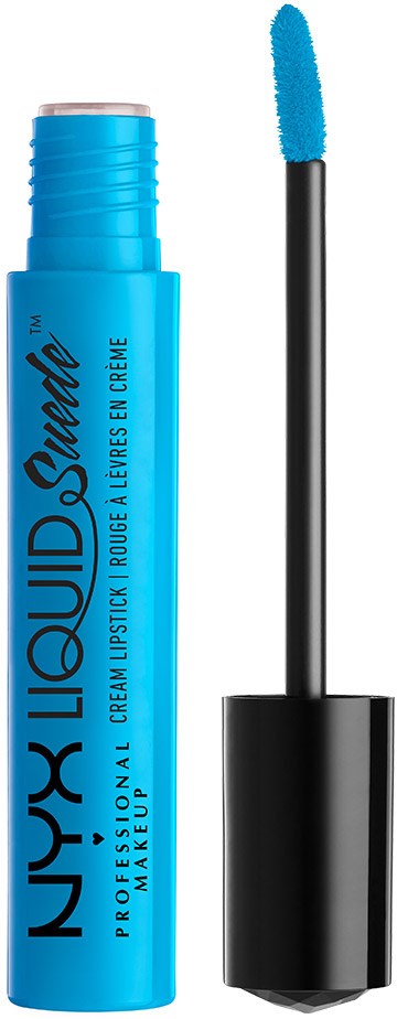 Blue liquid lipstick tube with a wand applicator, label reads 'Liquid Velvet' for makeup.