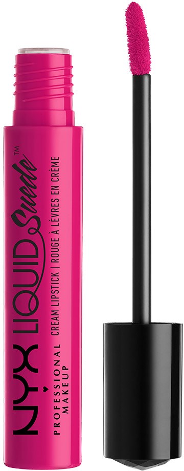 Pink liquid lipstick tube with black cap and applicator wand attached. The tube has bold black and pink text.