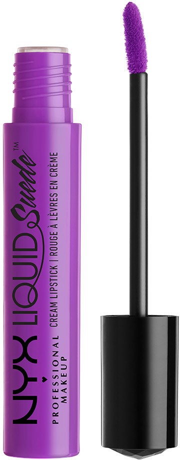 Purple lip gloss container with an applicator cotton swab next to it.
