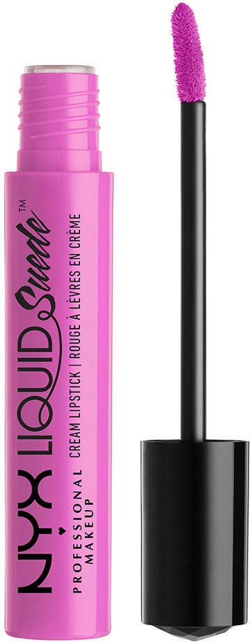 Pink liquid lipstick tube with black cap, applicator wand, and product name on the tube.