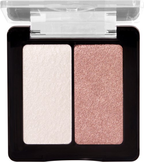 Två skimrande highlightpuder, en vit och en rosa, i ett svart kompaktfodral med ett genomskinligt lock.