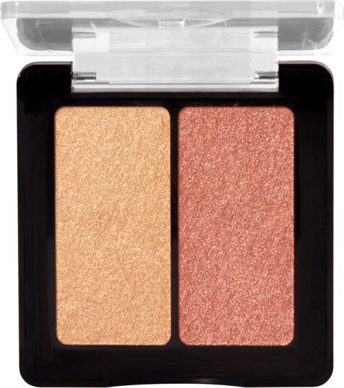 En sminkask innehåller två skimrande highlighter nyanser, en lätt gullig och en rosa.