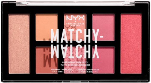 En makeup-palett med olika rosa, persika och röda nyanser, märkt "Matchy-Matcha."