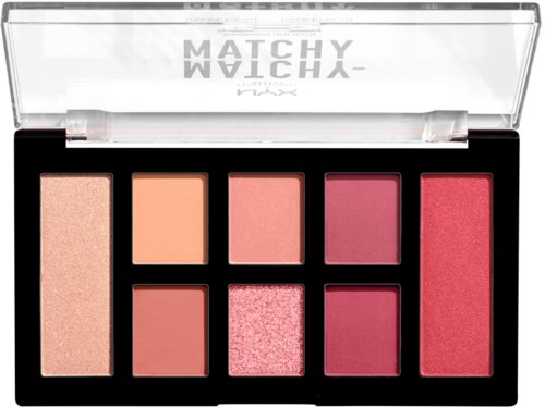 En makeup-palett med åtta nyanser av rosa, persika och neutrala färger, med ett tydligt lock som visar MAC-loggan.