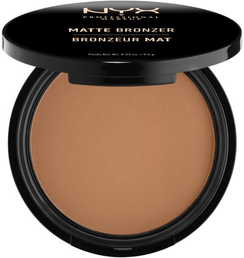 A round makeup compact with a black lid and the NYX logo, containing matte bronzer in light brown.