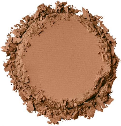 En rund, pulverliknande brun makeup- eller skugga med krossade kanter runt om.
