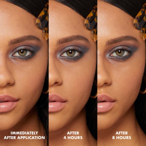 De afbeelding toont drie zijaanzichten van een vrouwen gezicht die de duurzaamheid van make-up over tijd laten zien: direct, na 4 uur, na 8 uur.