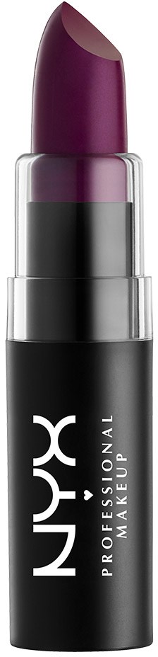 Läppstift med mörklila nyans i en svart och genomskinlig behållare, märkt NYX Professional Makeup.